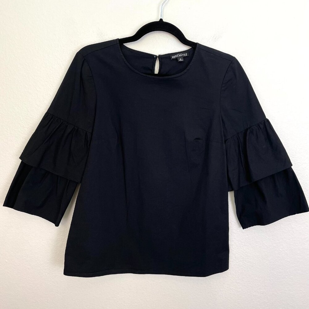 J Crew Womens 2 Black Tiered 3/4 Sleeve Blouse Shirt Top